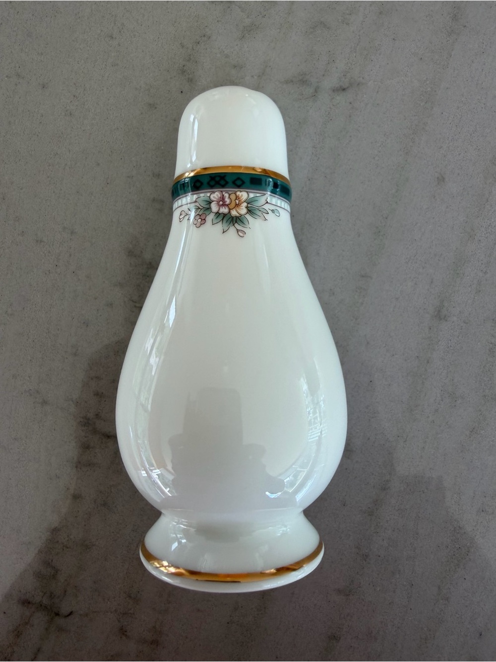 Noritake White Porcelain Shaker with Teal Floral Band and Gold Accents